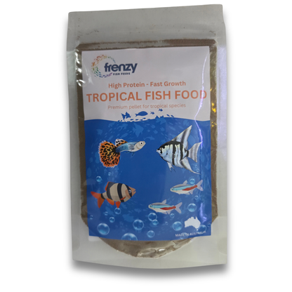 A stand-up pouch of Frenzy Tropical Fish Food, featuring a white and blue label with illustrations of various tropical fish, set against a plain white background.