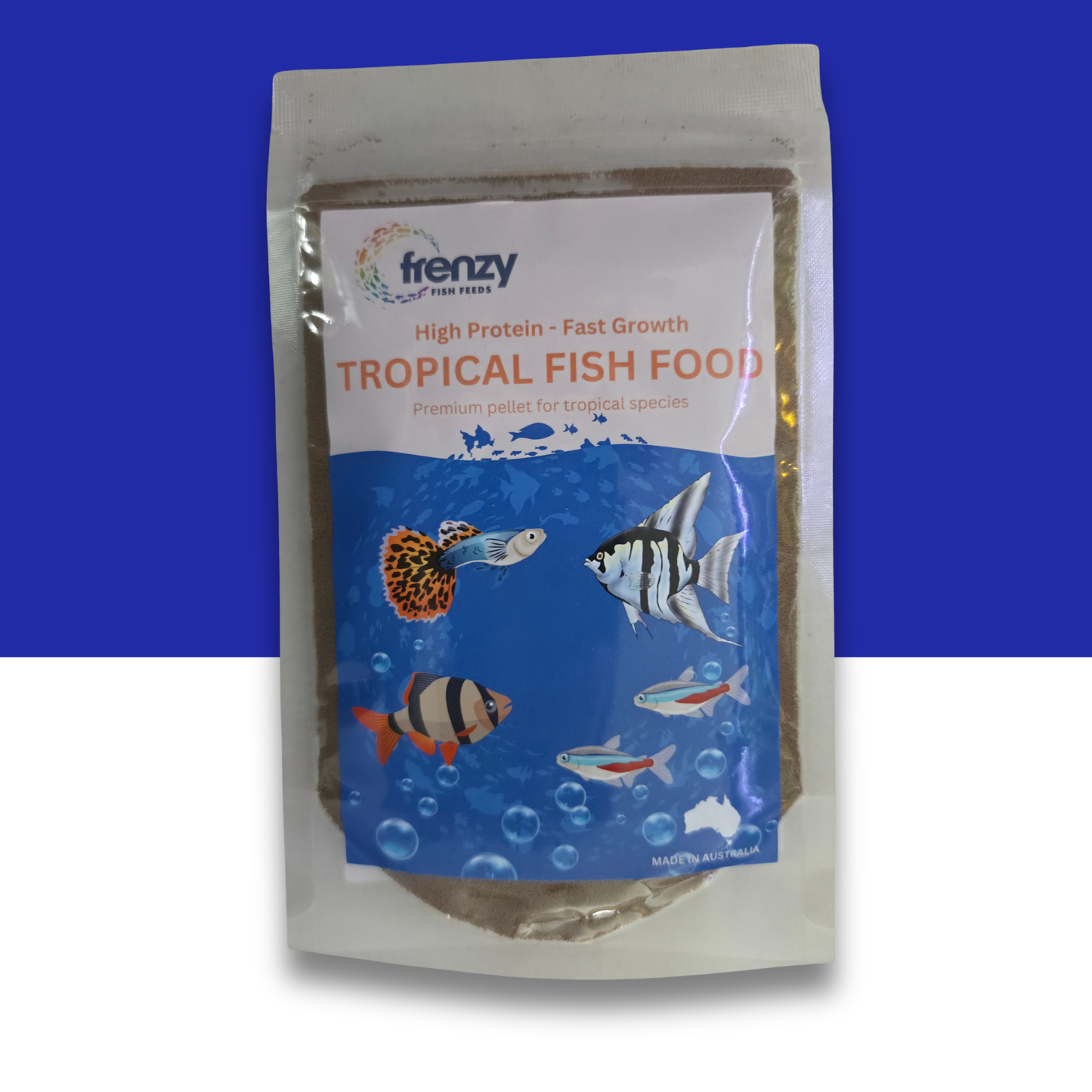 A stand-up pouch of Frenzy Tropical Fish Food, featuring a white and blue label with illustrations of various tropical fish, set against a split blue and white background.