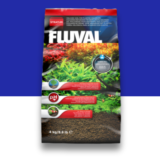 A 4 kg bag of Fluval Stratum Shrimp & Plant aqau soil for aquariums, featuring a black bag with a colorful illustration of green aquatic plants and red accents, set against a split blue and white background.