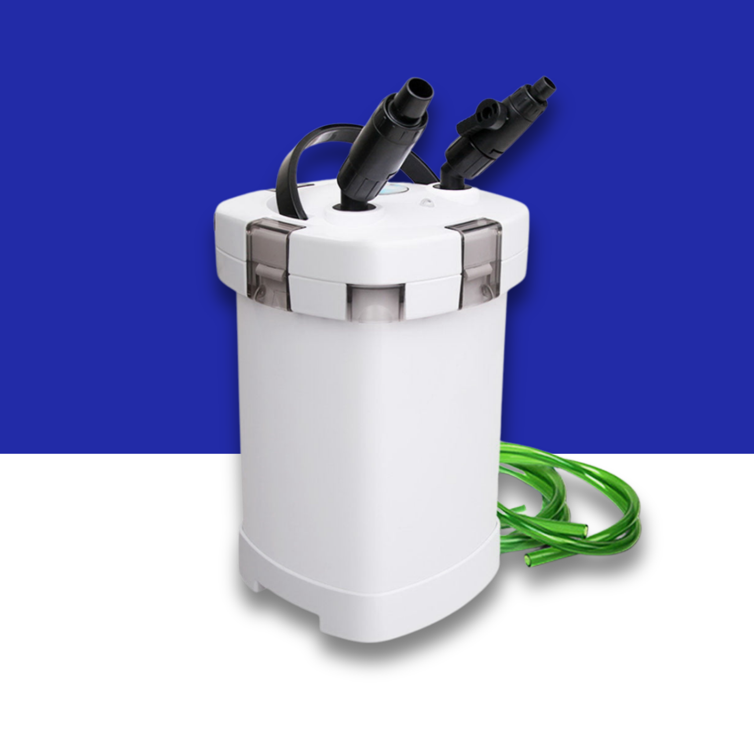 White aquarium canister filter with black tubes and a green hose on a blue and white background