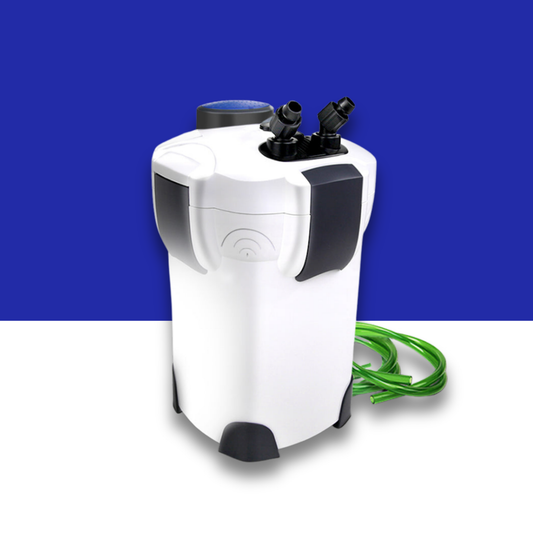 White and black aquarium canister filter with green cable on a blue and white background