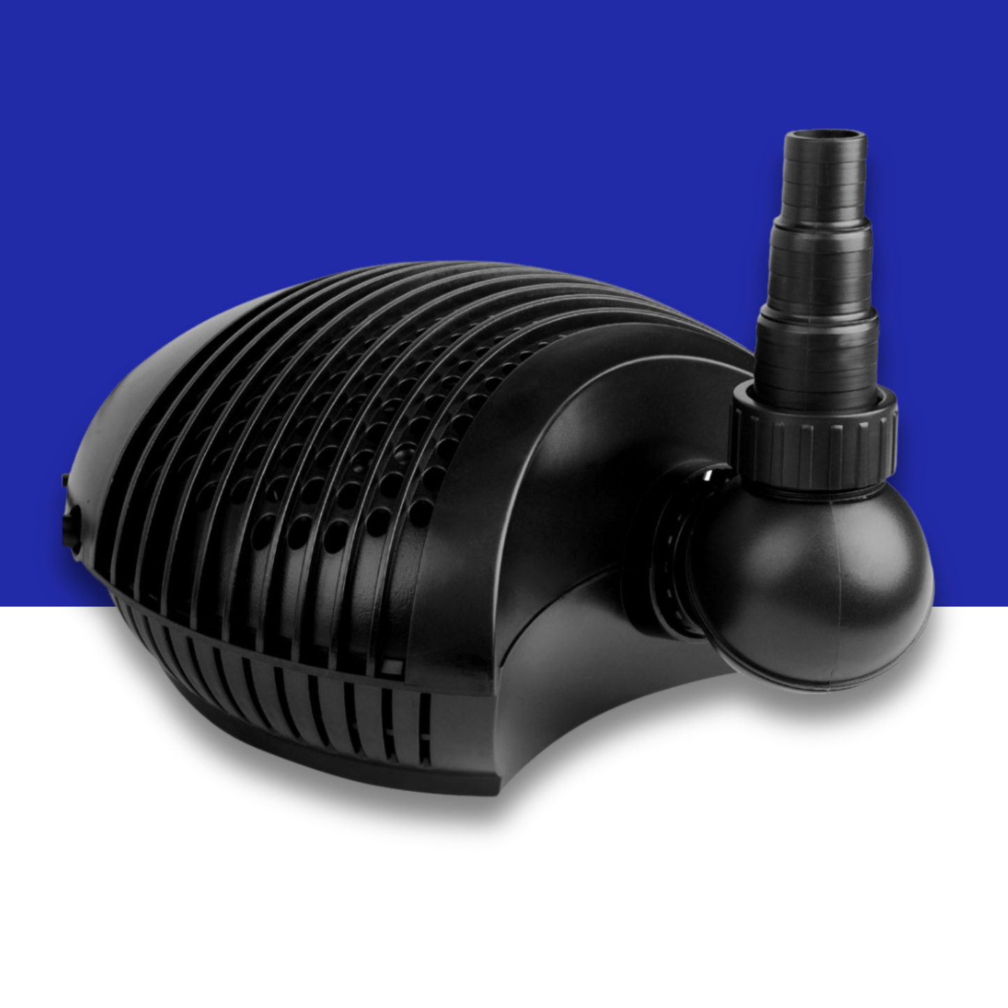 Stylish black submersible aquarium pump with ridges and intake holes on the top and a outlet nozzle attached to the backend