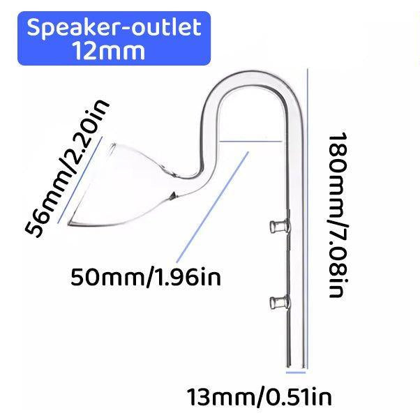 Illustrations of glass lily pipe a speaker outler for aquarium filters with measurements in millimeters and inches.