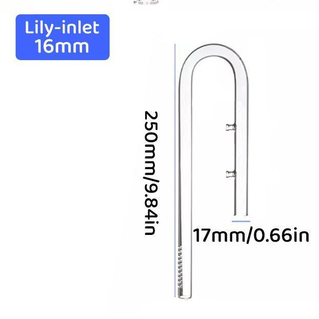 16mm Glass Lily Pipe Inlet with measurements on a white background
