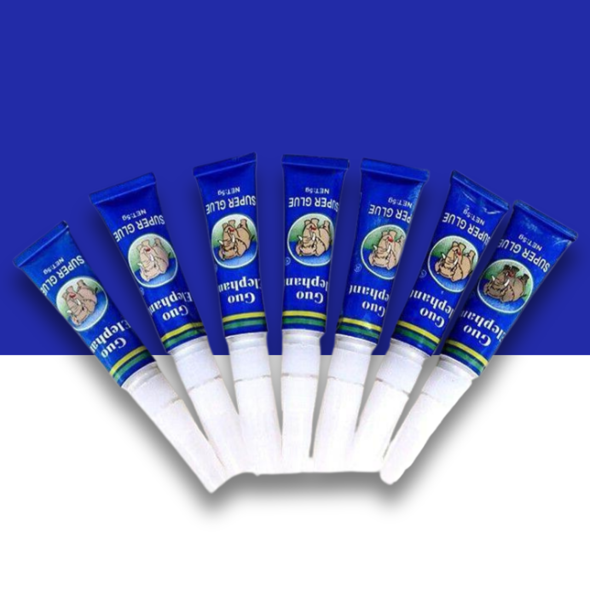 Multiple blue and white 'Guo Glue' tubes with a logo on a blue background