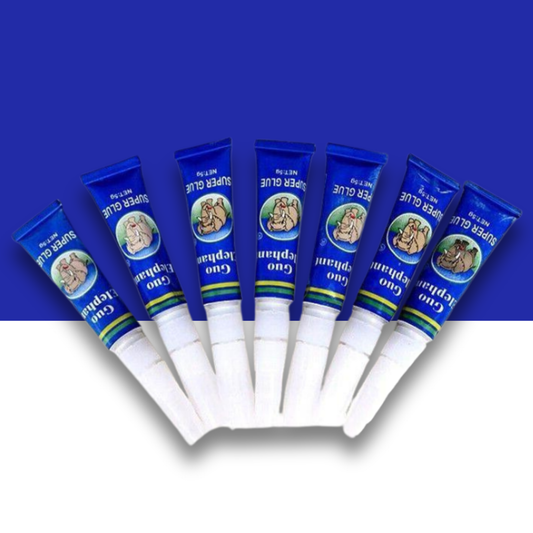 Multiple blue and white 'Guo Glue' tubes with a logo on a blue background