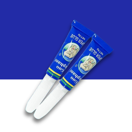 Two tubes of 'Guo Glue' on a blue and white background