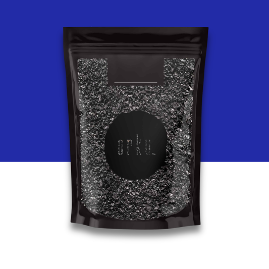 Black, gray and white pouch packaging with visible brand logo on a blue and white background