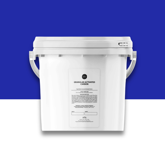 White bucket with a label on a blue and white background