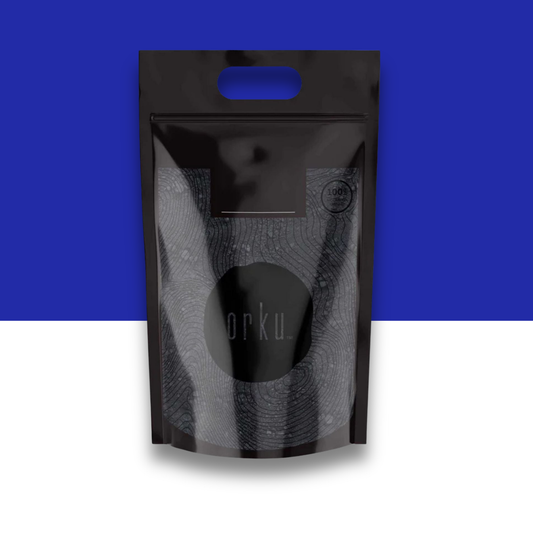 Black, gray and white pouch packaging with visible brand logo on a blue and white background