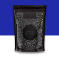 Black, gray and white pouch packaging with visible brand logo on a blue and white background