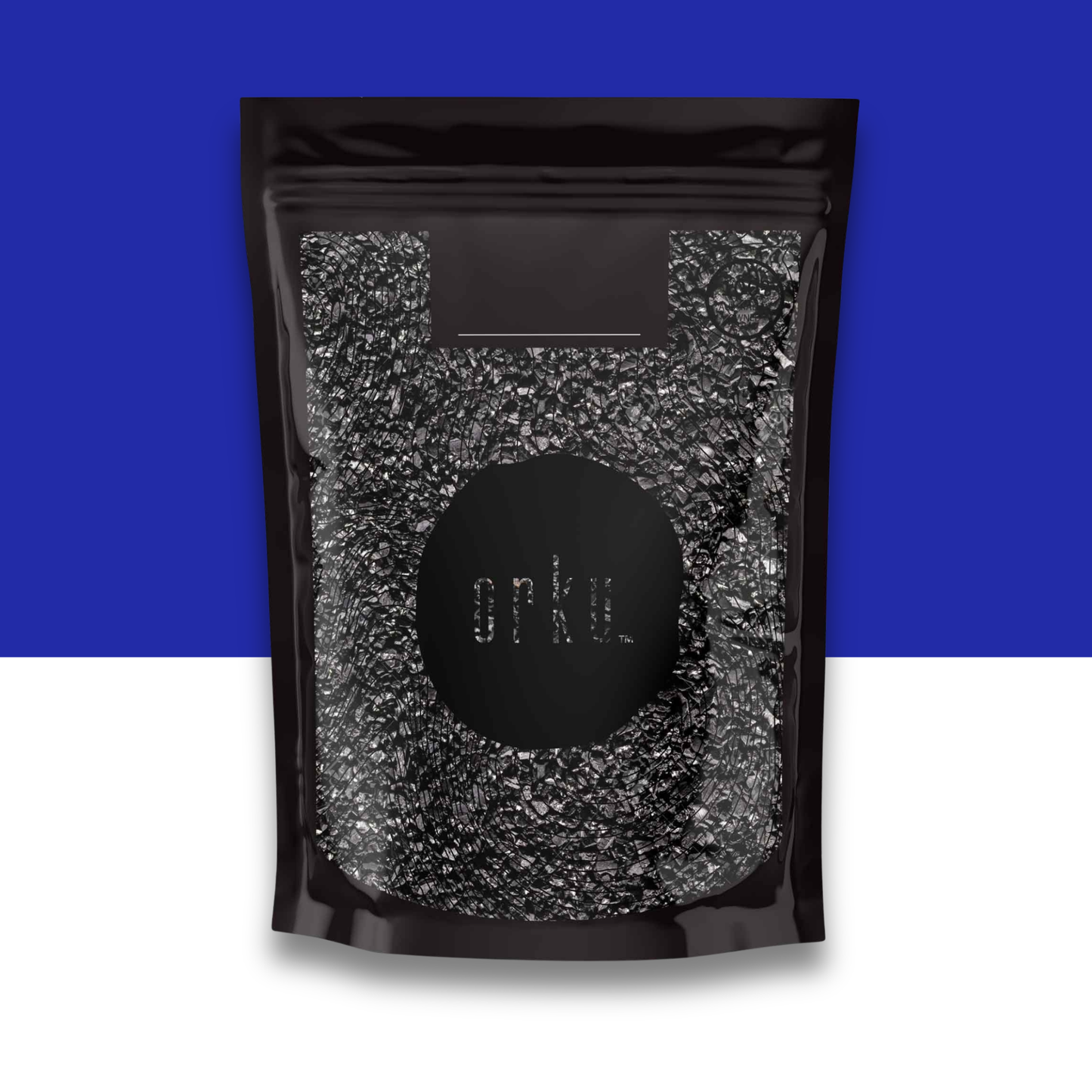Black, gray and white pouch packaging with visible brand logo on a blue and white background