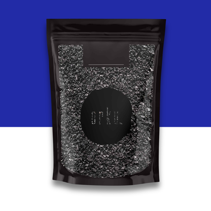 Black, gray and white pouch packaging with visible brand logo on a blue and white background