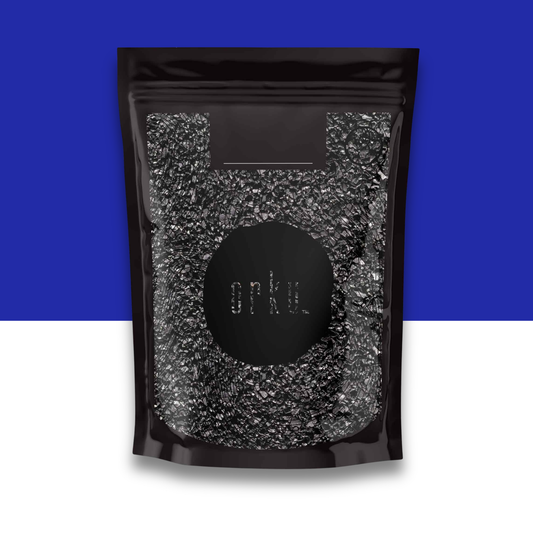 Black, gray and white pouch packaging with visible brand logo on a blue and white background