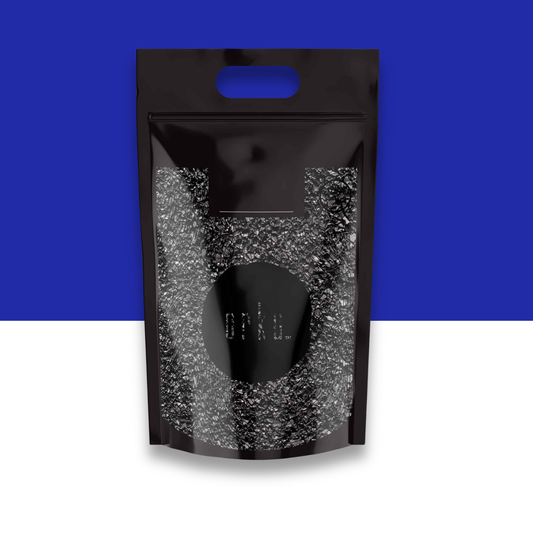 Black, gray and white pouch packaging with visible brand logo on a blue and white background