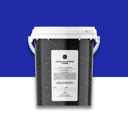 Black granular activated carbon container with a white label on a blue and white background