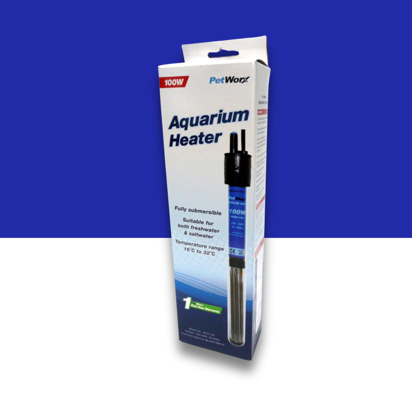PetWorx 100 watt Aquarium Heater packaging on a blue and white gradient background