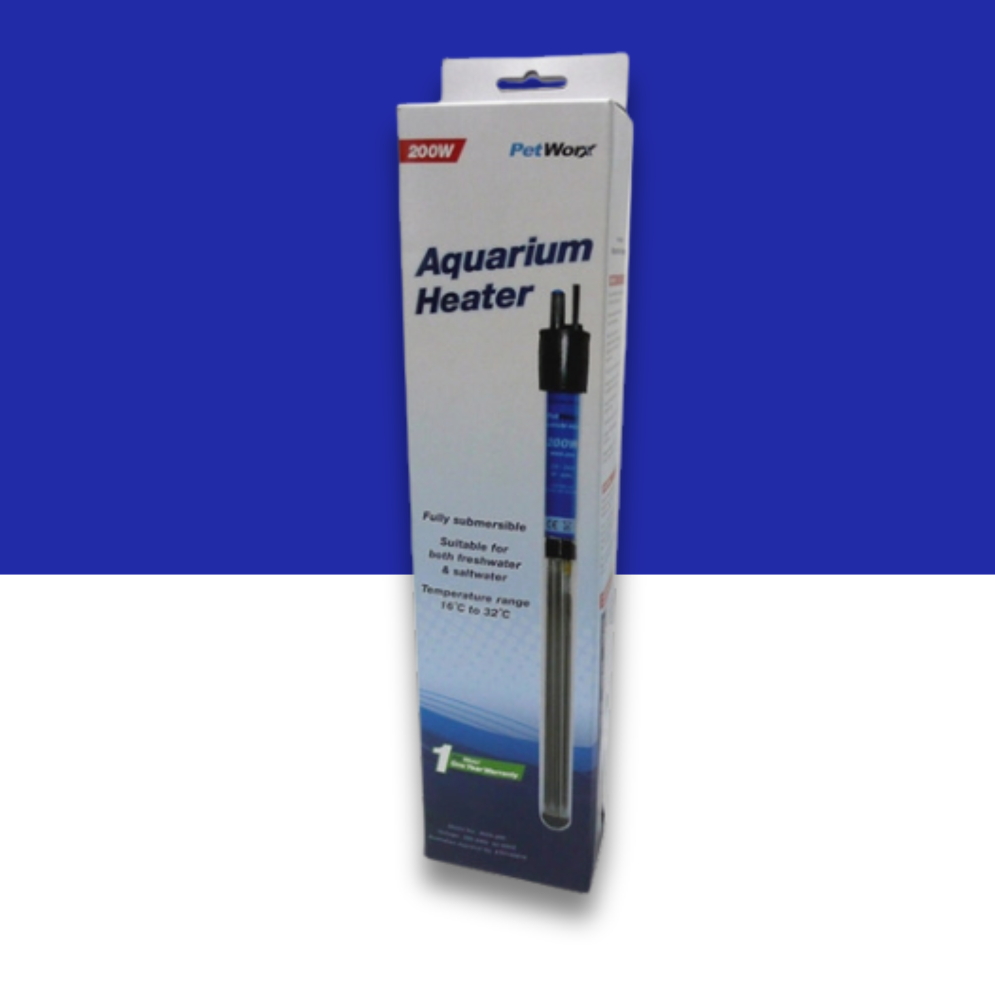 PetWorx 200 watt Aquarium heater packaging with blue and white design on a blue and white background