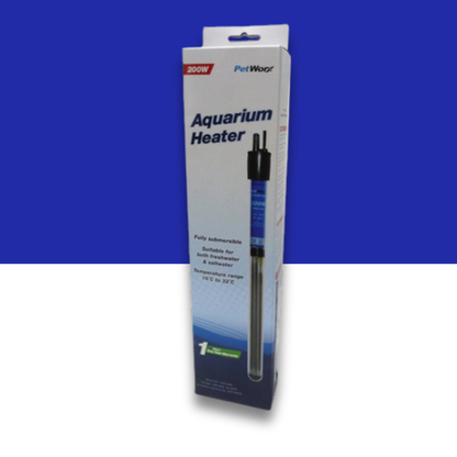 PetWorx 200 watt Aquarium heater packaging with blue and white design on a blue and white background