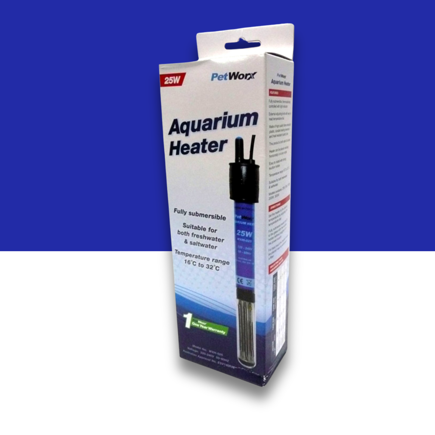 PetWorx 25 watt Aquarium Heater packaging on a blue and white background