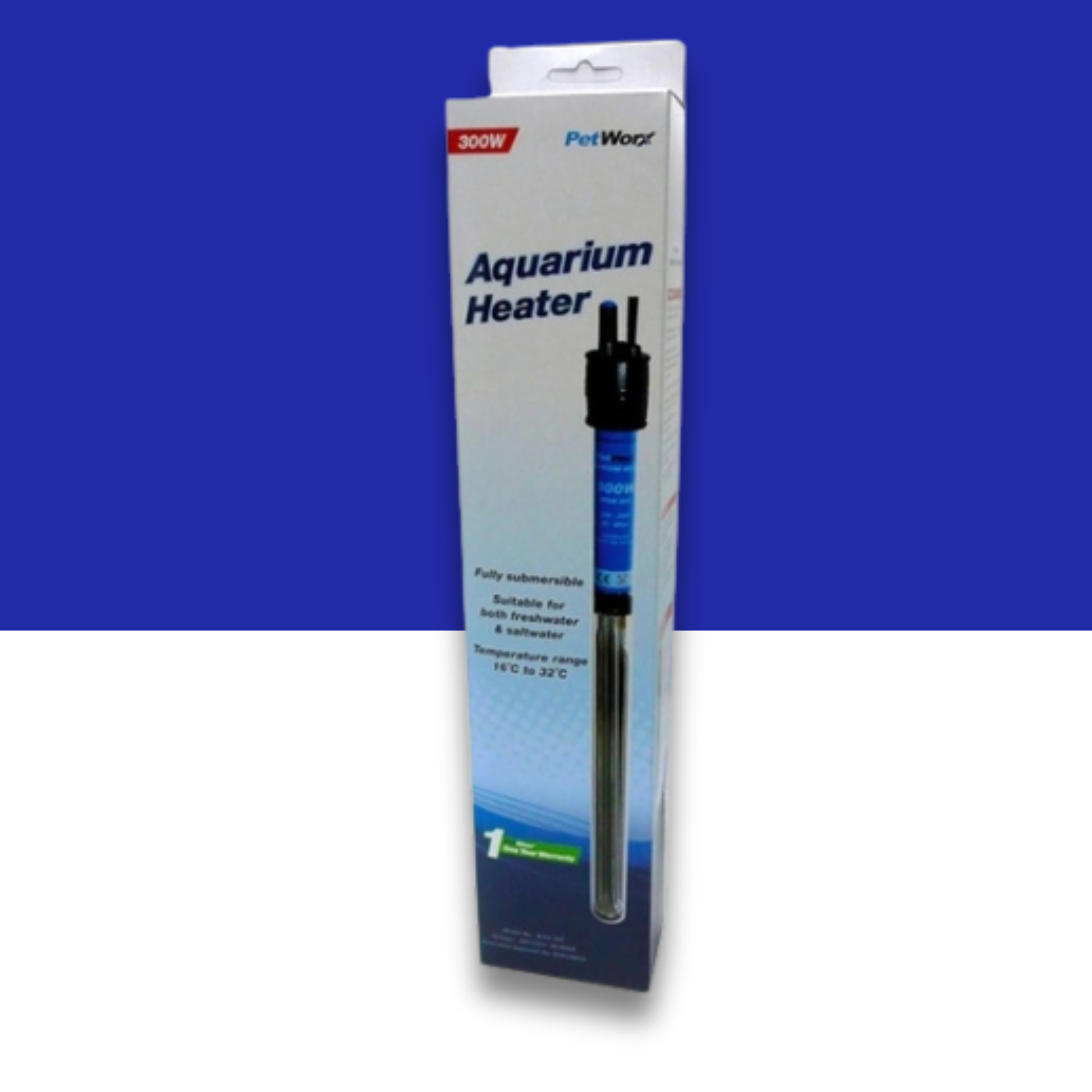 PetWorx 300 watt aquarium heater with blue and white packaging on a blue and white background
