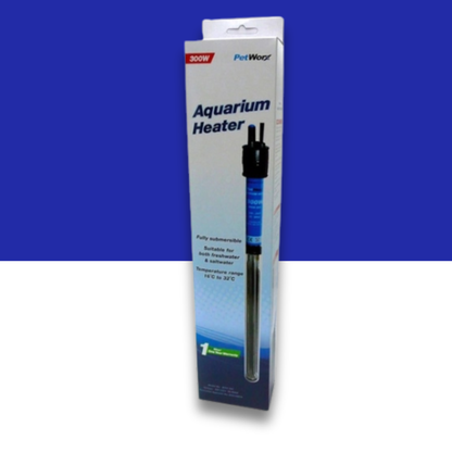 PetWorx 300 watt aquarium heater with blue and white packaging on a blue and white background