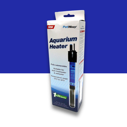 PetWorx 50 watt Aquarium Heater packaging on a blue and white background