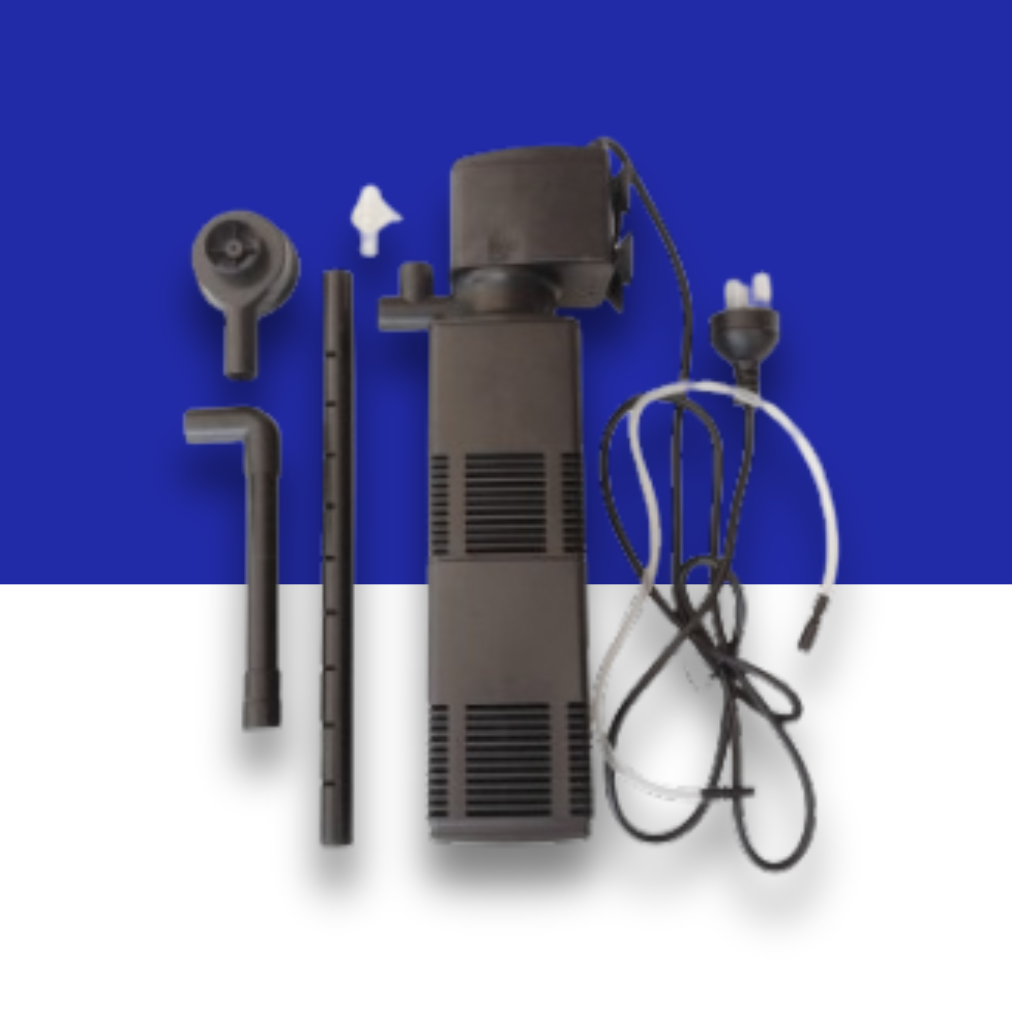 Black PetWorx Internal aquarium filter with spray bar and venturi accessories on a blue and white background