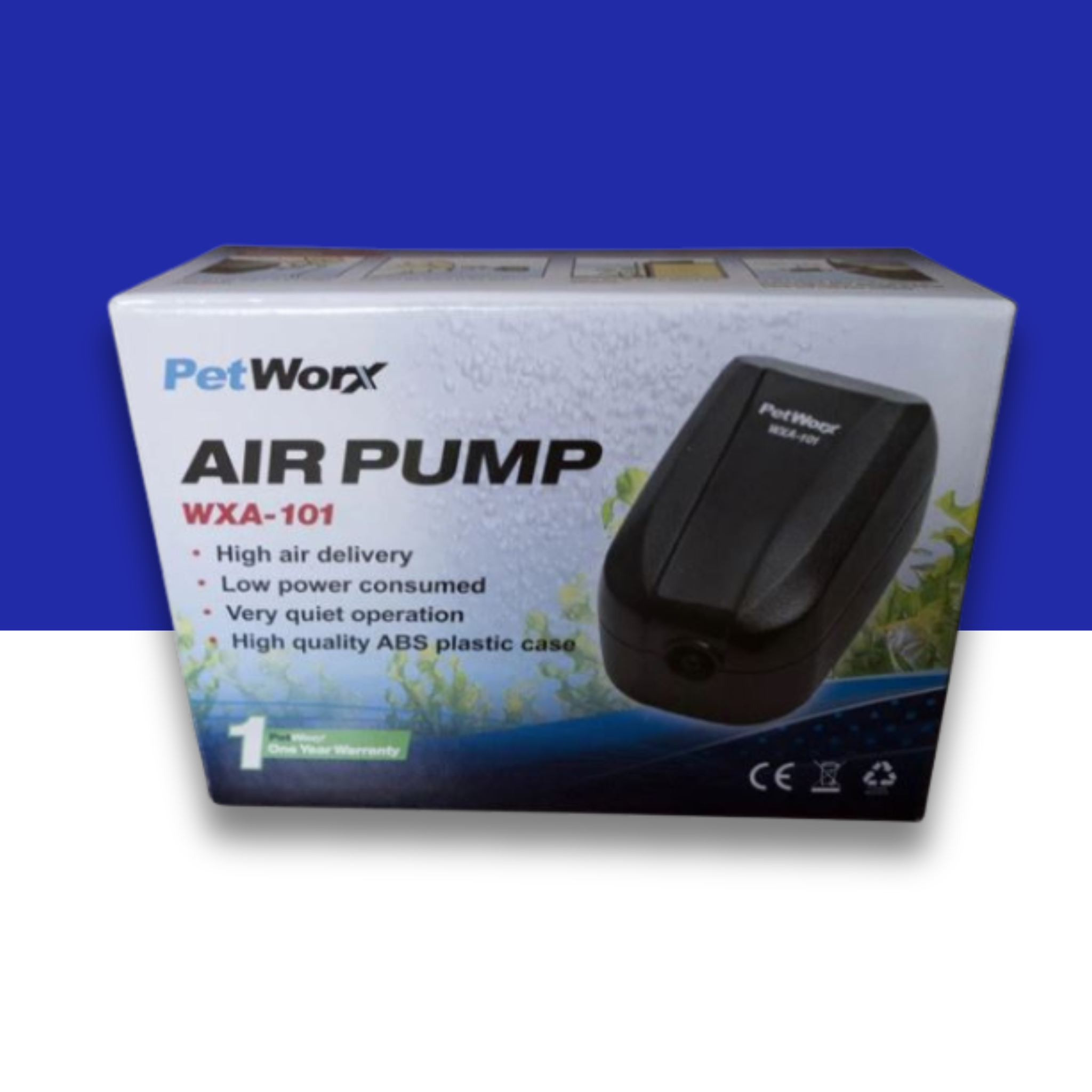 PetWorx single air pump WXA-101 packaging with product image on a blue and white background