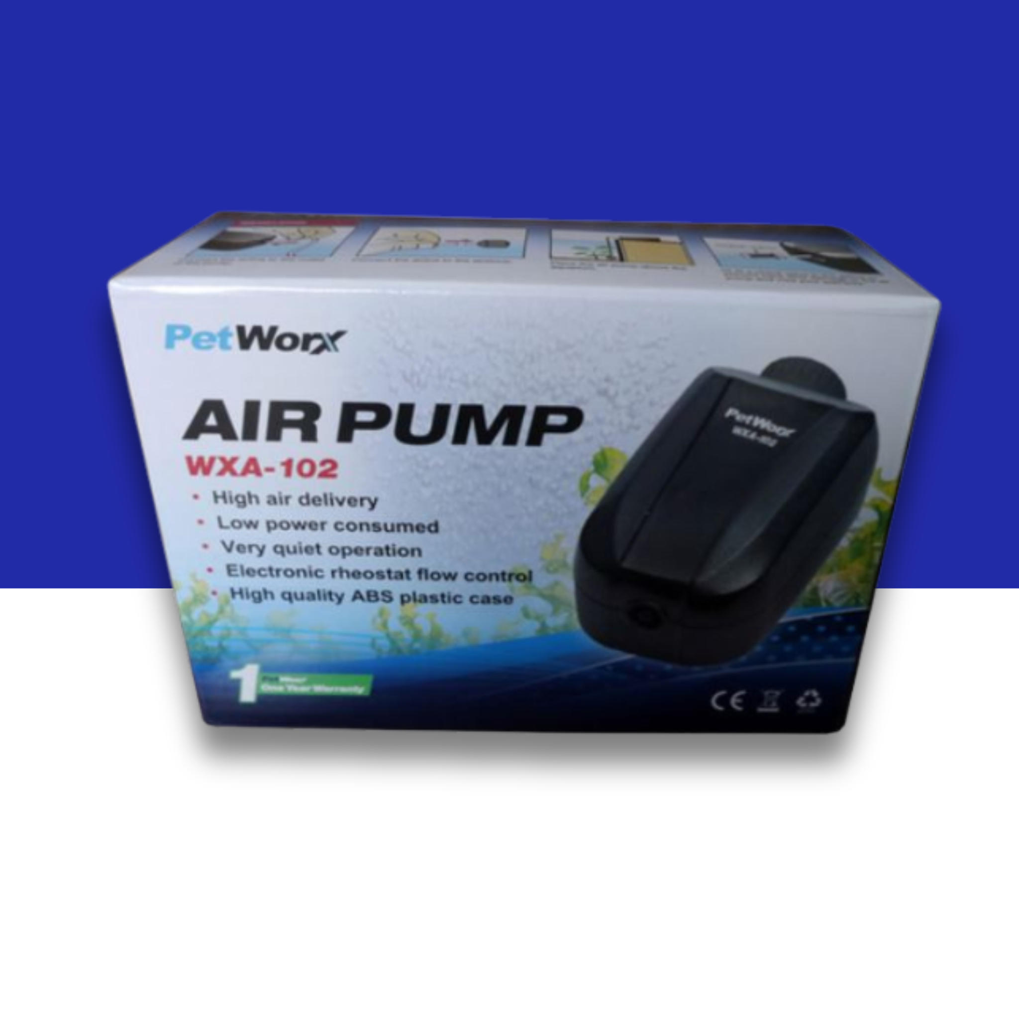 PetWorx single air pump WXA-202 packaging with product image on a blue and white background