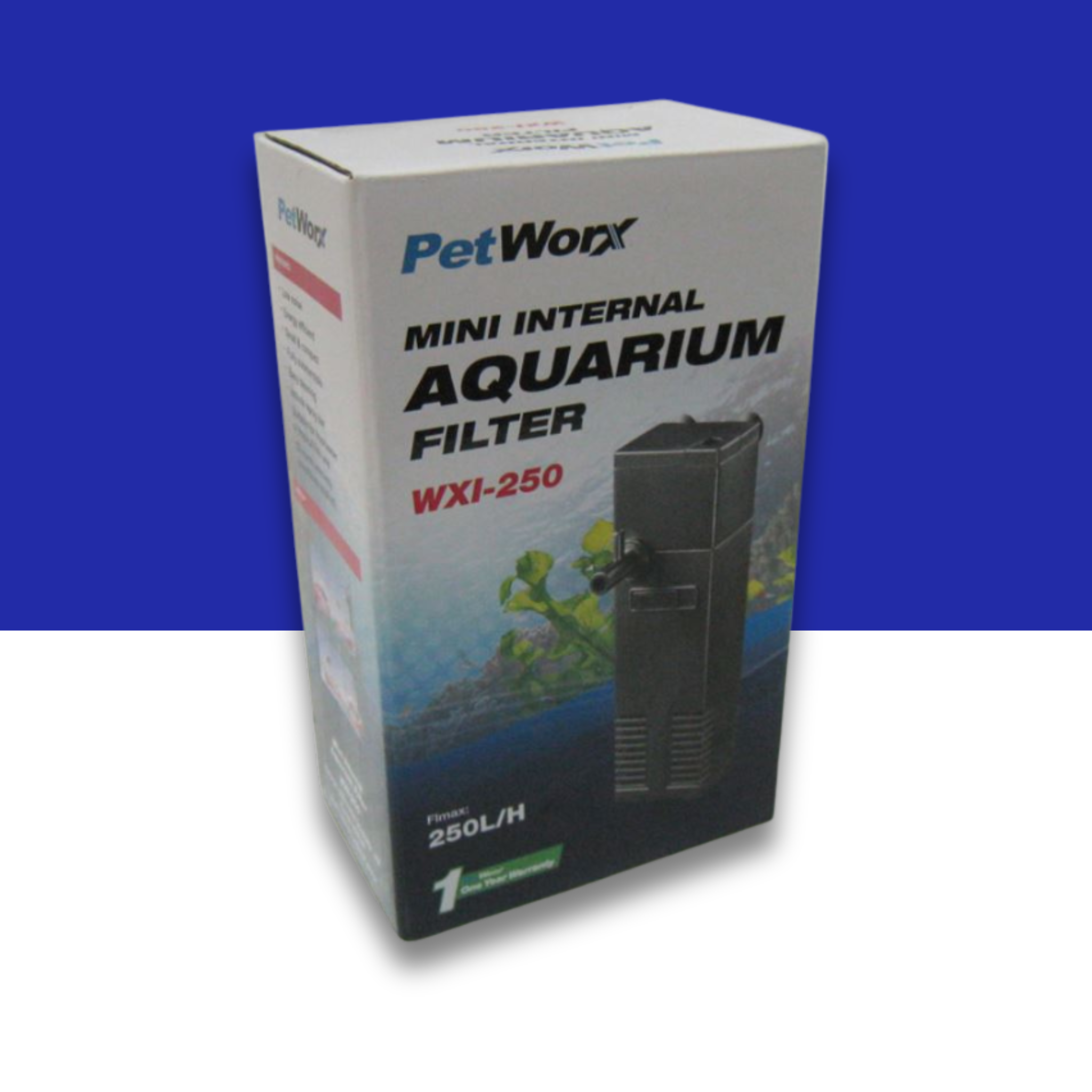 PetWorx WXI-250 Mini Internal Aquarium Filter packaging on a blue and white background