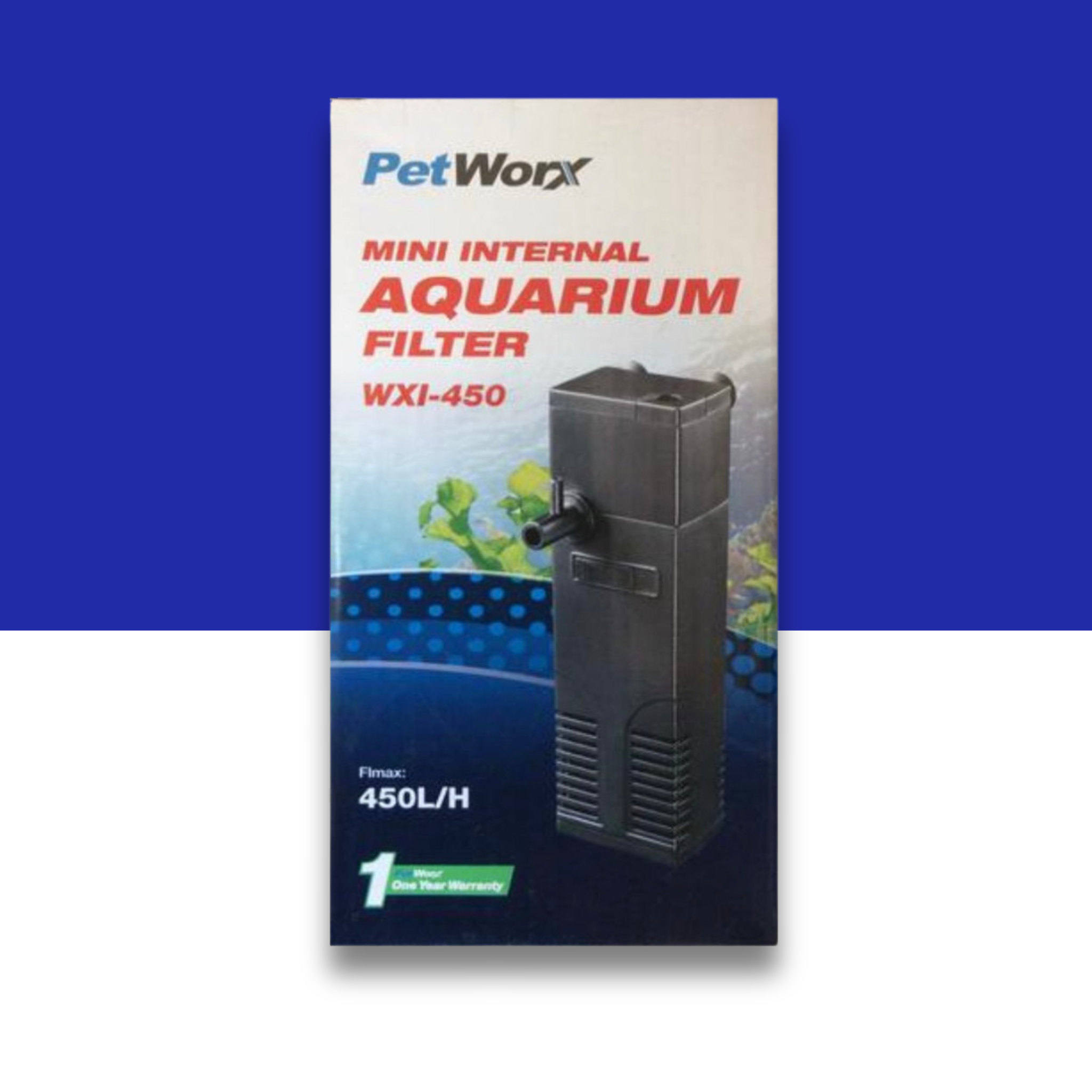 PetWorx WXI-450 Mini Internal Aquarium Filter packaging on a blue and white background
