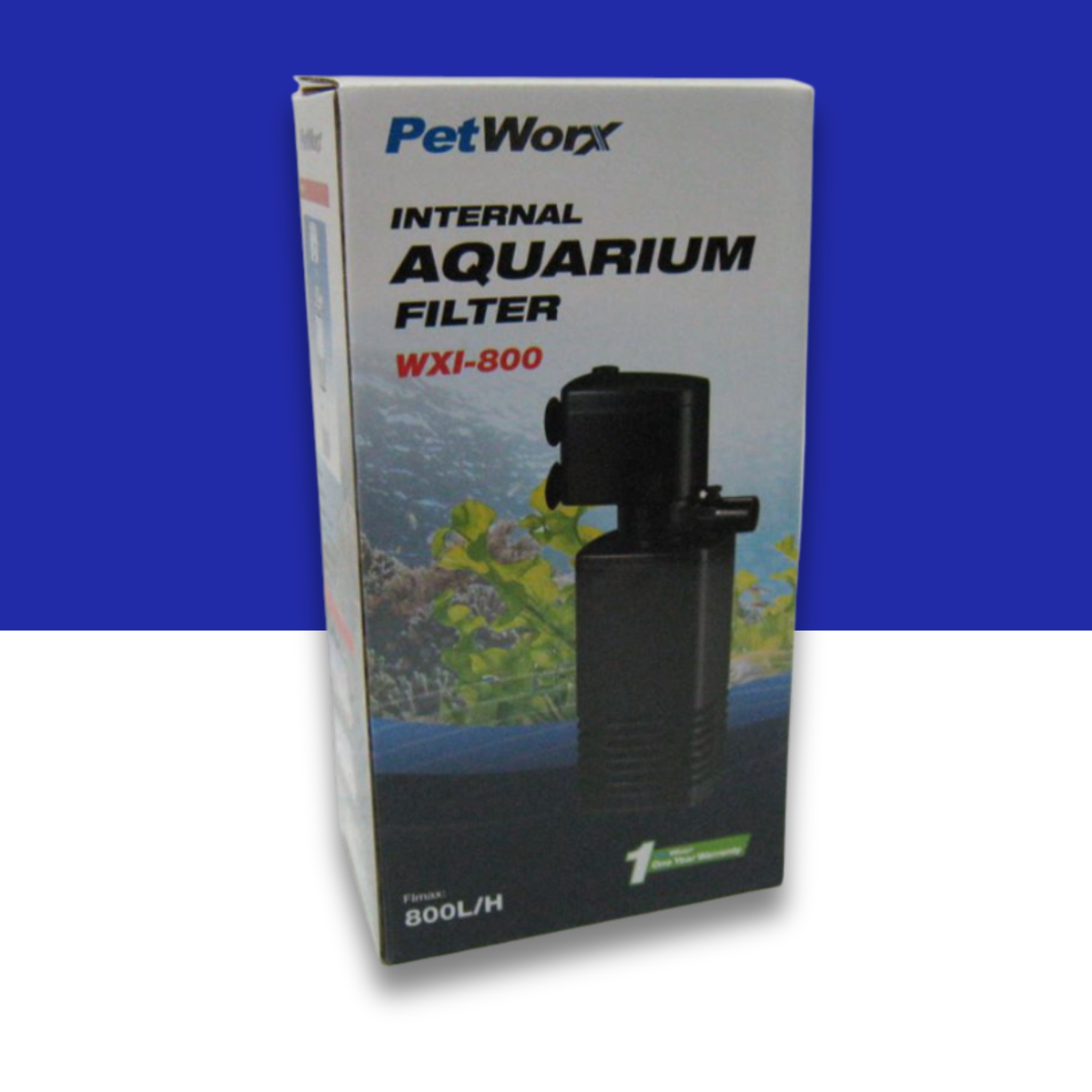 PetWorx WXI-800 Internal Aquarium Filter packaging on a blue and white background