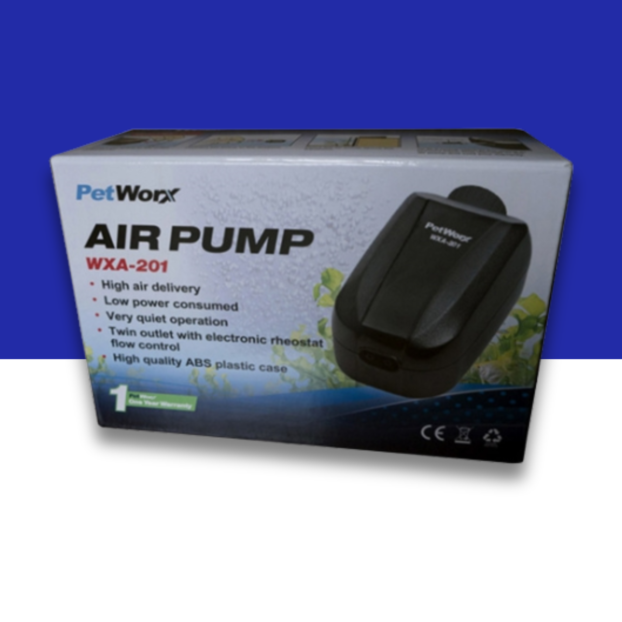 PetWorx WXA-201 air pump packaging on a blue and white background