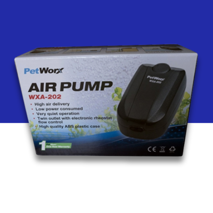 PetWorx WXA-202 twin air pump packaging with product image on a blue and white background