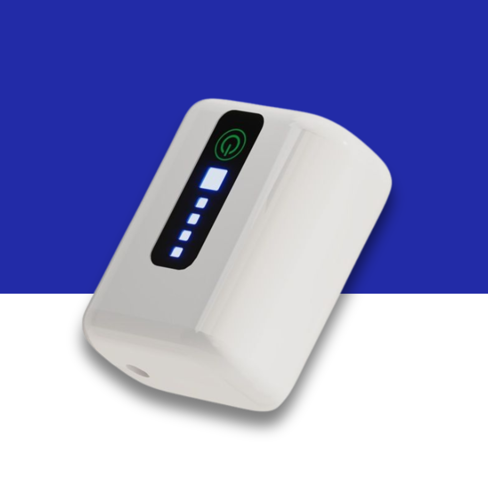 A white Air Pump device with a black front panel, featuring a green power symbol and blue LED indicator lights, set against a split blue and white background.