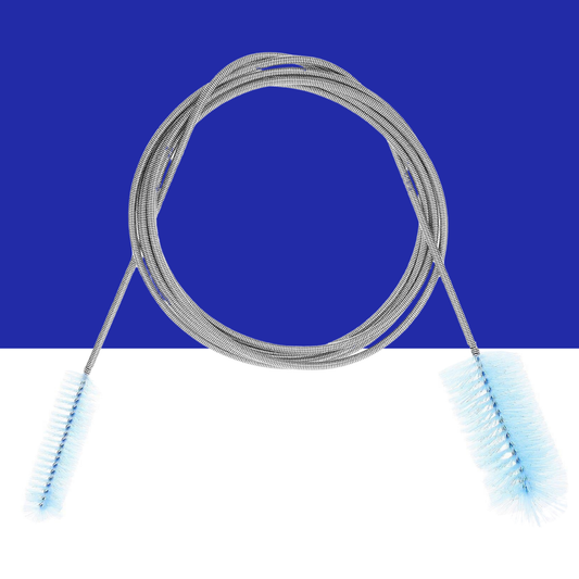 Front view of a Coiled metal Spring Tube Cleaning Brush on a blue and white background