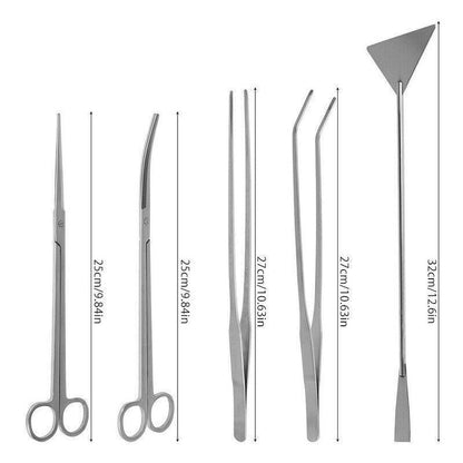 Set of Aquascape tools with measurements on a white background