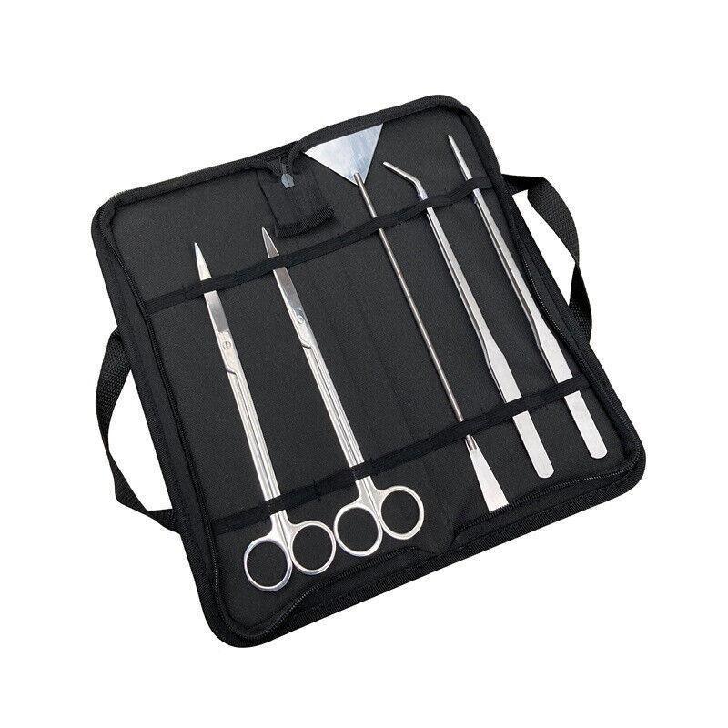 Set of stainless steel aquascape tools in a black carrying case on a white background