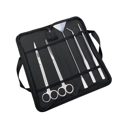 Set of stainless steel aquascape tools in a black carrying case on a white background