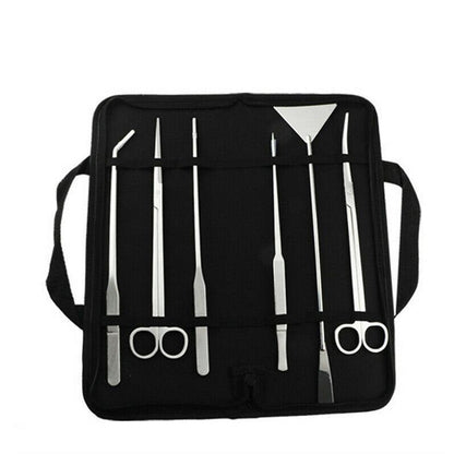 Set of metal aquascape tools in a black carrying case on a white background