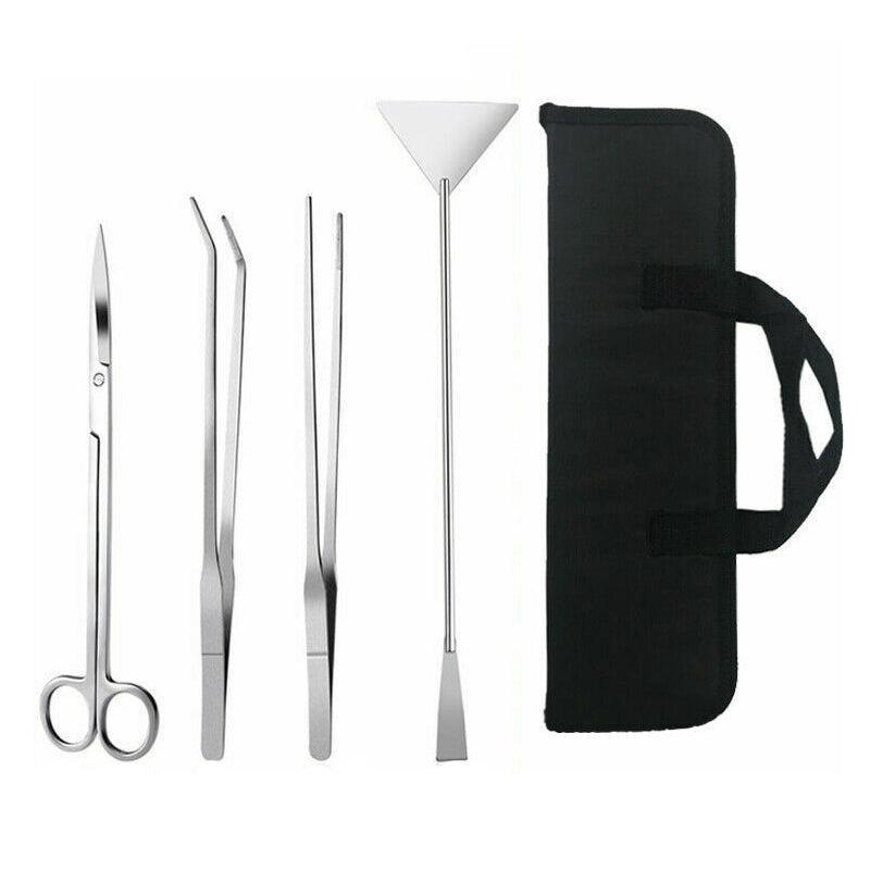 Set of stainless steel Aquascape tools including scissors, forceps, and a funnel with a black carrying case on a white background.