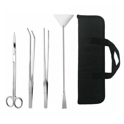 Set of stainless steel Aquascape tools including scissors, forceps, and a funnel with a black carrying case on a white background.