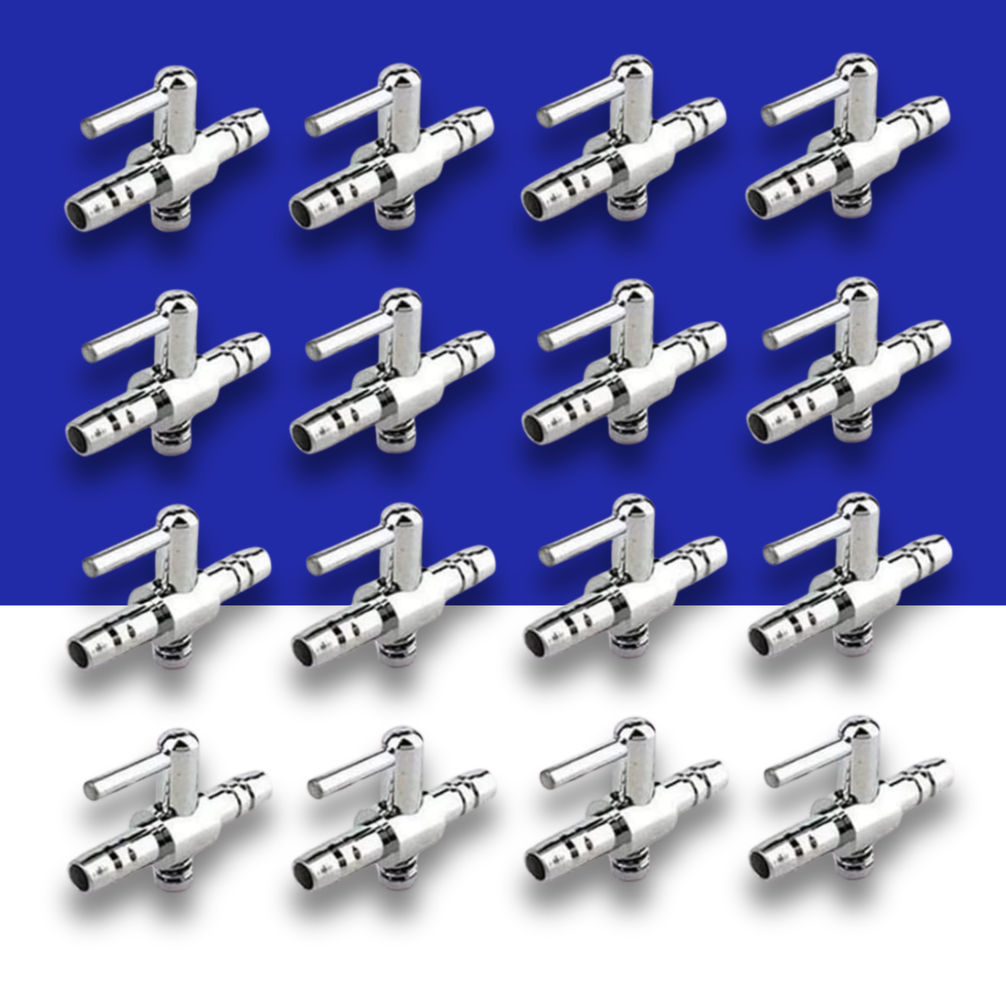 16 stainless steel lever valves for airline tubing on a blue and white background