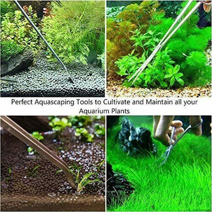 Aquarium maintenance tools being used on aquarium plants with text 'Perfect Aquascaping Tools to Cultivate and Maintain all your Aquarium Plants'.