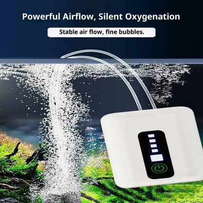 Aquarium air pump with water flowing and text highlighting features