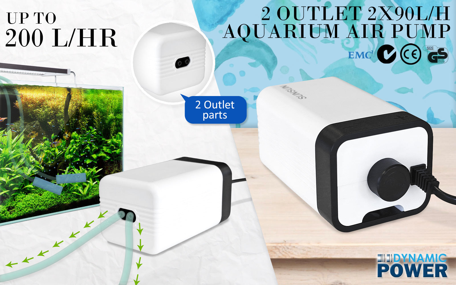 Dynamic Power Dual Outlet Air Pump 180L/H