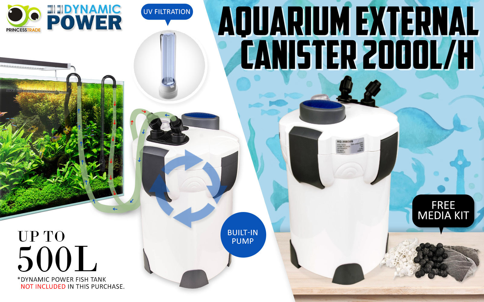 Dynamic Power External Canister Filter with UV Steriliser - 2000L/H + Media Kit