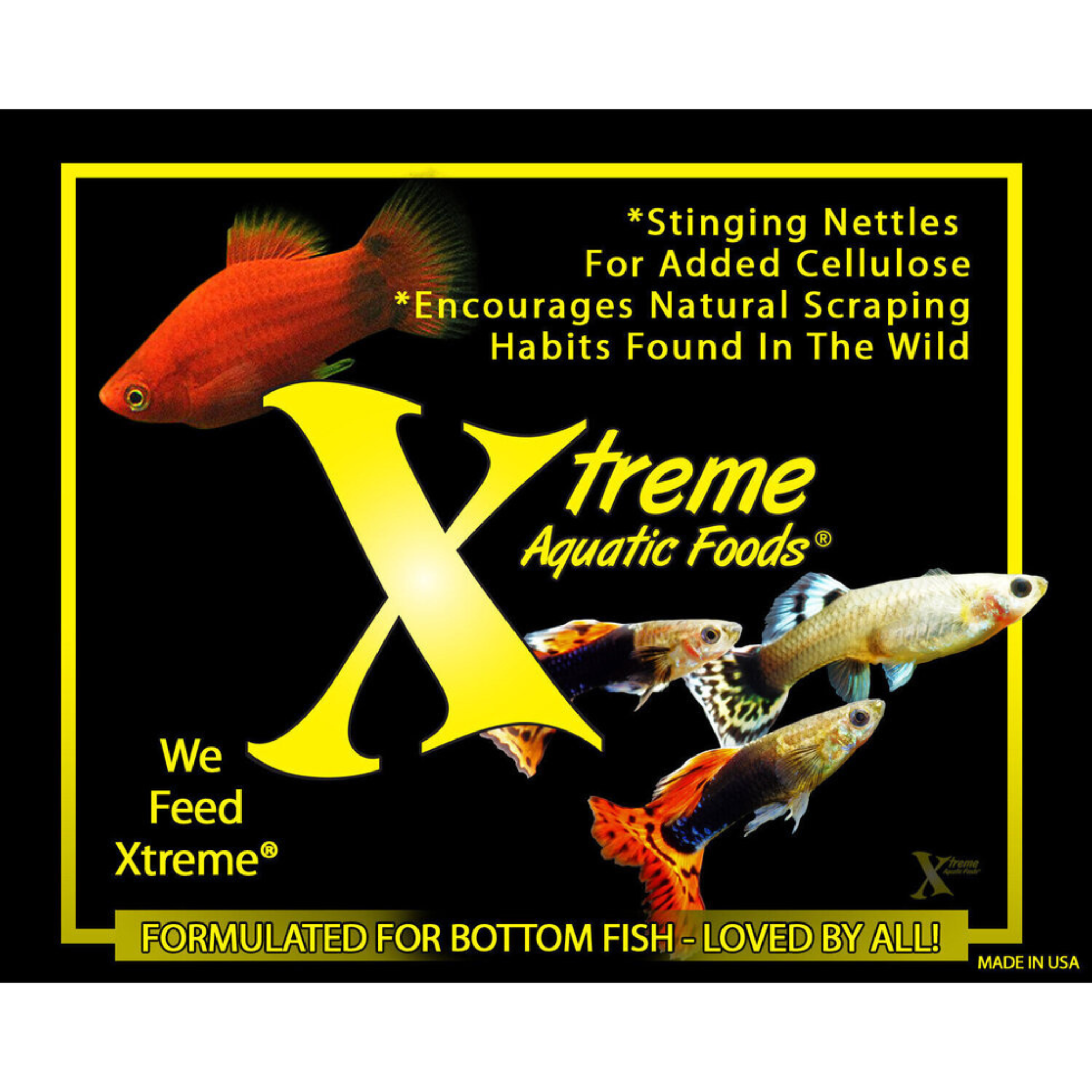 Advertisement for Xtreme Aquatic Foods Bottom Wafers with images of fish and text about product benefits.