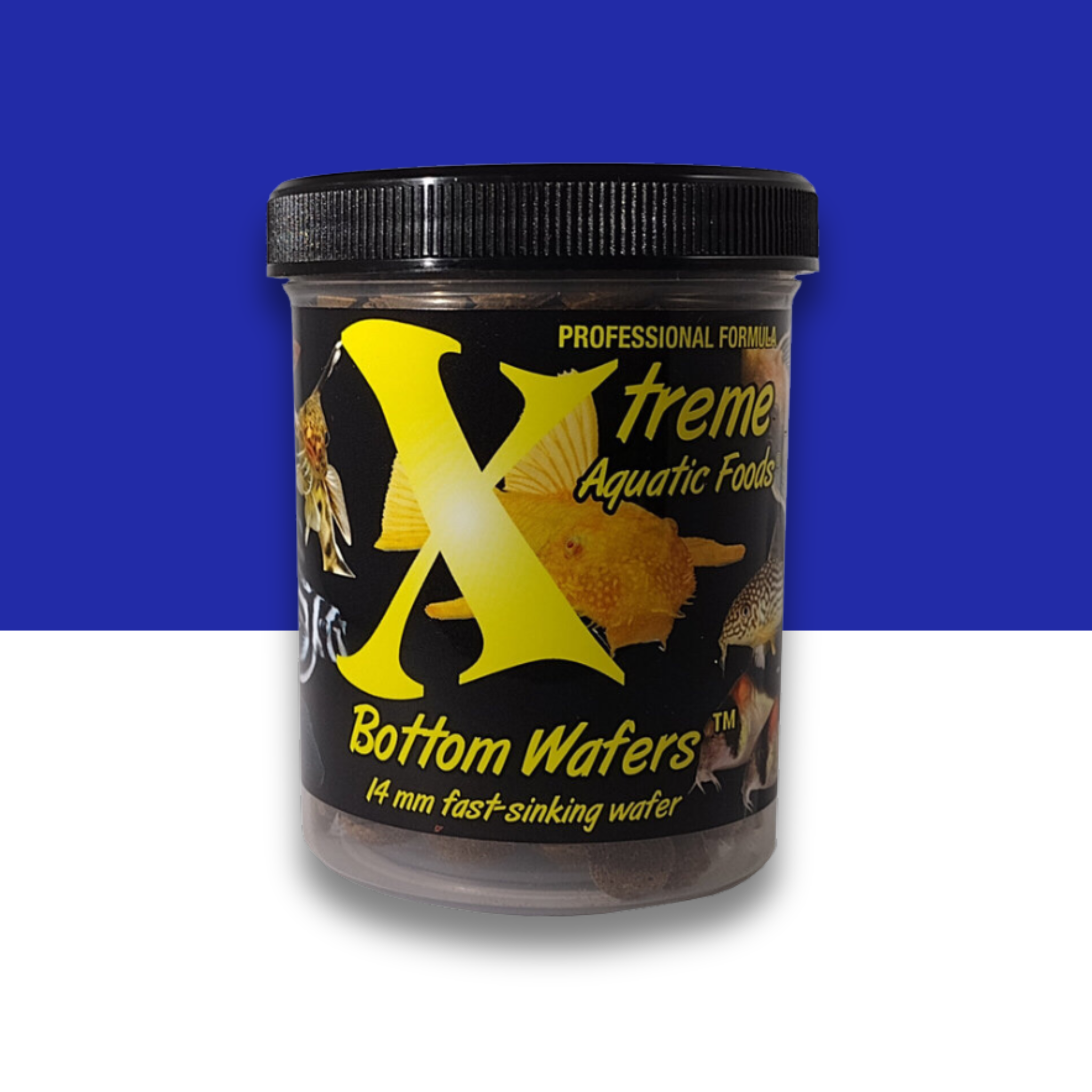 Container of Xtreme Aquatic Foods bottom wafer fish food with a blue and white background